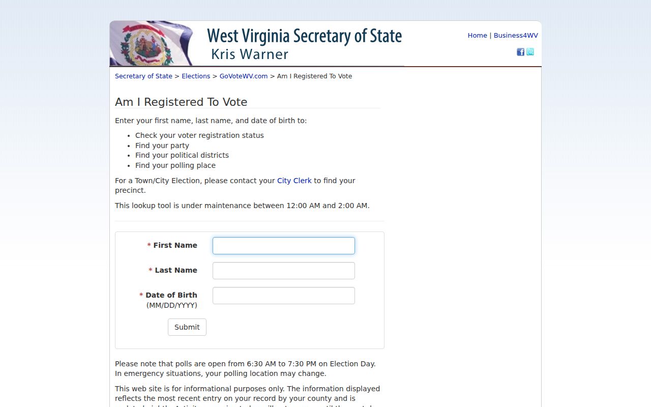Wheeling resident lookup on the West Virginia voter form
